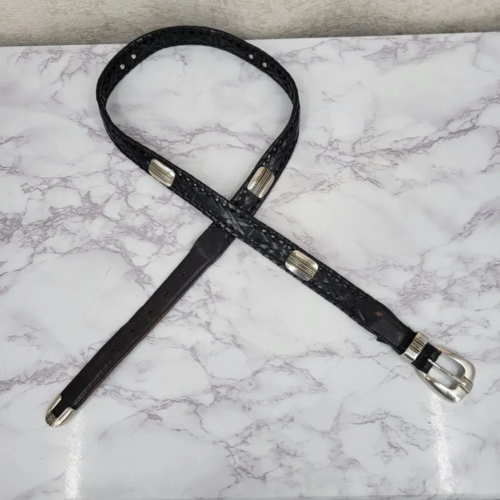Roundtree & Yorke Black Woven Leather Belt with Silver & Gold Toned Conchos